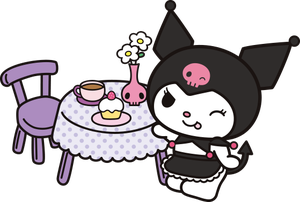 Kuromi sitting at a tea party